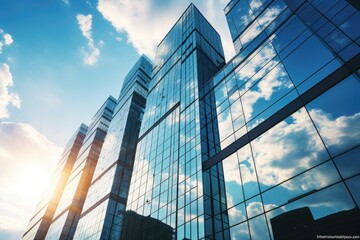 Modern office building or business center Tall buildings' windows made of glass reflect clouds and sunlight. Empty streets outside the walls of modern civilization business growth by Generative AI