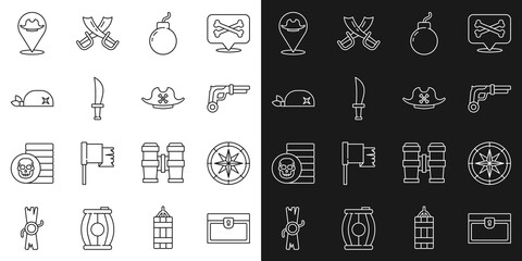 Set line Antique treasure chest, Compass, Vintage pistols, Bomb ready explode, Pirate sword, bandana for head, Location pirate and hat icon. Vector