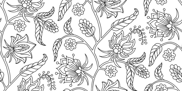 Seamless pattern with stylised indian style flowers and leaves on a stem. Hand drawn floral repeat background