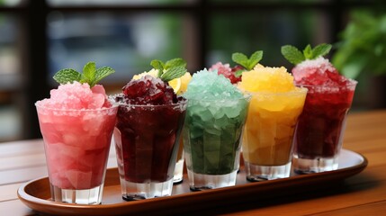 Multi-colored frozen ice drink made from juice. Sweet and very cold fruit lemonade. A variety with different cocktail flavors. - obrazy, fototapety, plakaty
