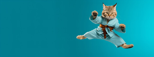 Cat in karate costume in battle pose on blue background. Generative AI