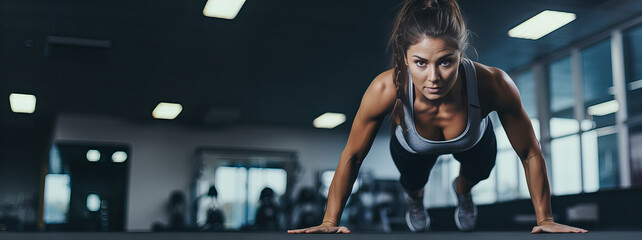 Woman doing push-ups at the gym, strength training, fitness. Generative AI