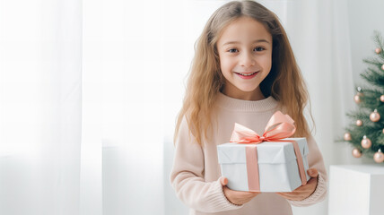 Happy girl holding a gift at Christmas. Generative AI