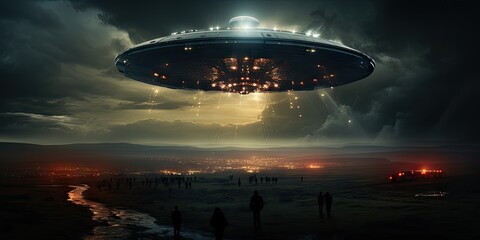 Obraz premium A fierce confrontation as you approach an unidentified flying object over the vast ocean by Generative AI