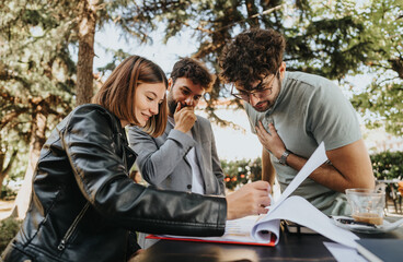 A team of business professionals discussing strategies, budget management, and sales for business growth in a vibrant urban city. Analyzing investments, planning for successful project development.
