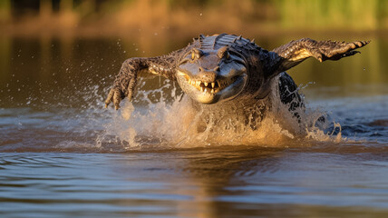 Obraz premium Photo of american alligator attacking in the water. Nature and animals concept.