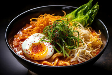 Bowl of hot asian spicy ramen with bok choy and soft boiled egg on wooden table, Closeup - obrazy, fototapety, plakaty