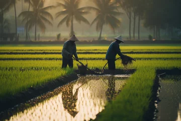 Foto op Plexiglas Asian farmers use the traditional method of planting rice. Farmers are engaged in farming and planting seedlings in green rice fields. Generative AI © artsterdam