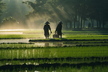 Asian farmers use the traditional method of planting rice. Farmers are engaged in farming and planting seedlings in green rice fields. Generative AI