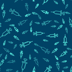 Green line Syringe icon isolated seamless pattern on blue background. Syringe for vaccine, vaccination, injection, flu shot. Medical equipment. Vector
