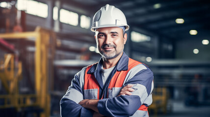 Portrait of a middle aged male professional heavy industry engineer worker wearing uniform. Male industrial specialist standing in metal construction facility.