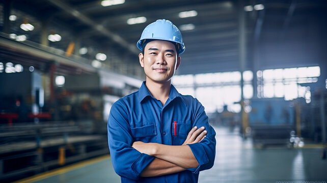 Attractive young asian male smiling and working engineering in industry. Work at the heavy industry manufacturing facility concept.

