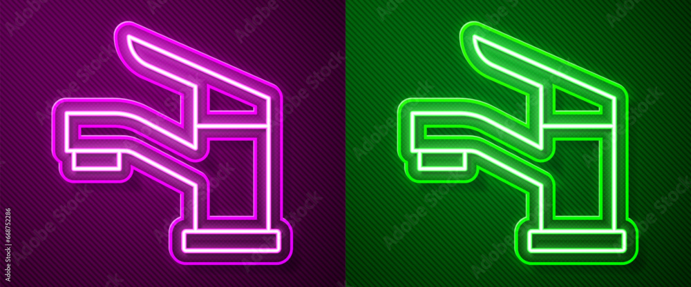 Poster glowing neon line water tap icon isolated on purple and green background. vector