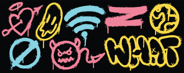 Set graffiti color spray paint. Collection of love angel, devil emoticon, what Isolated Vector © Titikdrawn