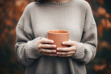 Woman in cozy sweater holding a big cup with coffee close up