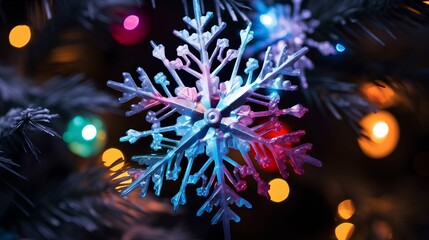 Colorful Christmas snowflake shimmers and shines with many colors.