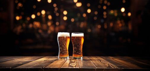 Close up shot of two beer mugs  nonic pint glasses  conical pint glasses  tulip glasses filled with draft light beer placed on the wooden table.at a restaurant or pub. Generative AI. - obrazy, fototapety, plakaty