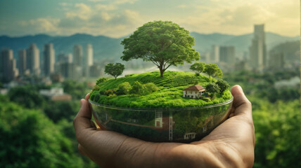 hands holding tree and earth globe over green ai generative