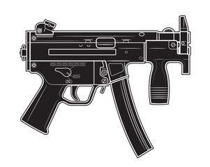 Vector illustration of the short MP5 machine gun on the white background. Black. Right side.
