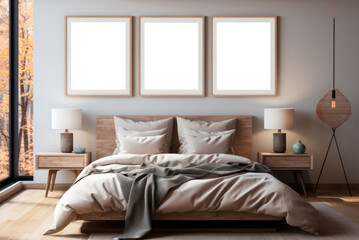 Fototapeta na wymiar Scandinavian minimalist bedroom with a large bed and a mockup of posters on a gray wall near a large window
