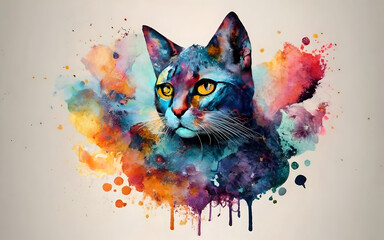 cat, colors and watercolors - obrazy, fototapety, plakaty