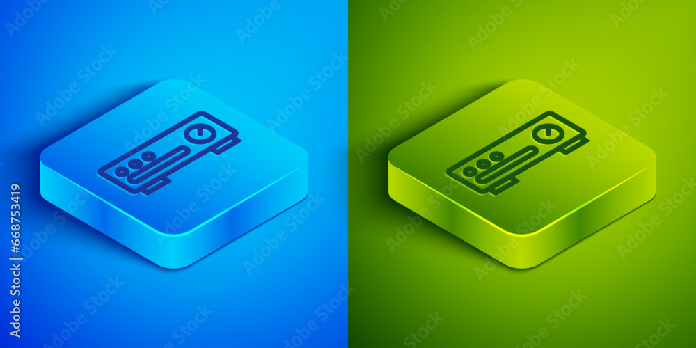 Poster isometric line sound mixer controller icon isolated on blue and green background. dj equipment slide