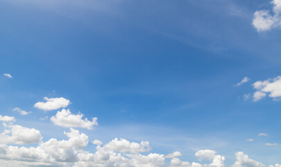 Panoramic view of clear blue sky and clouds, Blue sky background with tiny clouds. White fluffy...