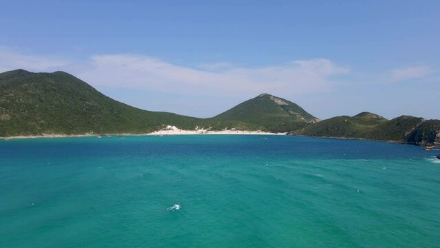 Crystal clear water at Atalaia beach in Cabo Frio, Rio de Janeiro state, Brazil. Aerial view