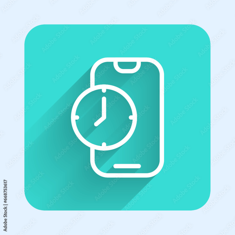 Poster white line alarm clock app smartphone interface icon isolated with long shadow background. green squ