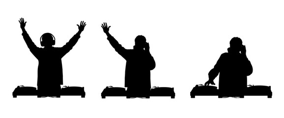 Disc jockey man silhouette, DJ and record decks vector isolated on white - obrazy, fototapety, plakaty