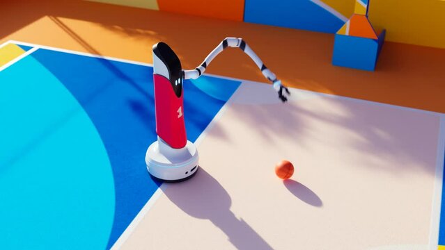 Handy Butler Robot Playing Basketball on a Colorful Court. Loop animation