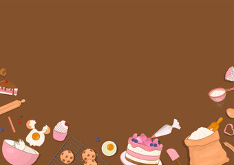 Sweet bakery and ingredients on brown background
