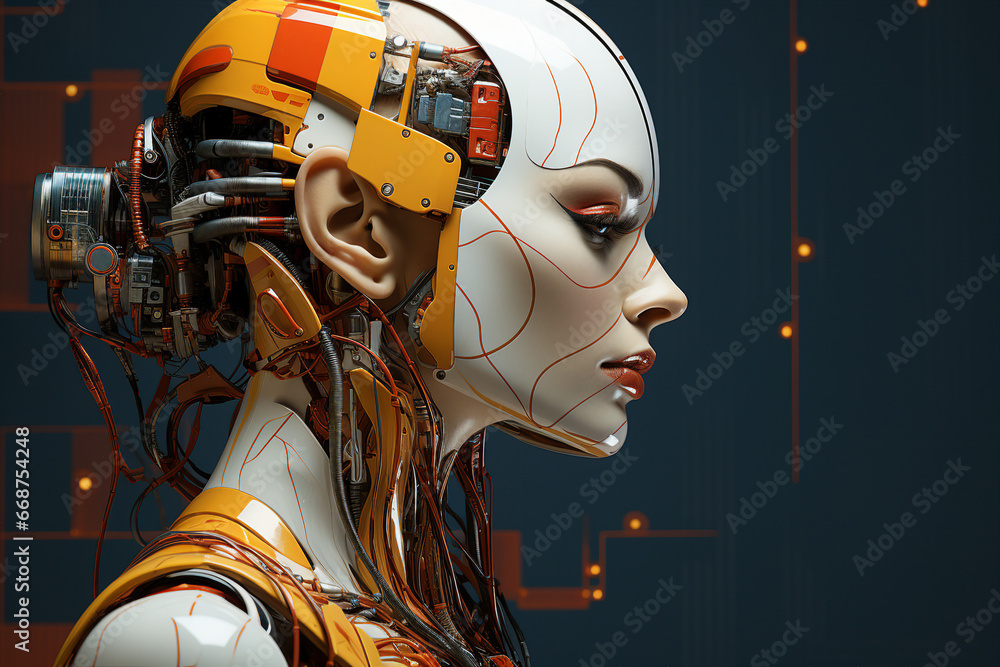 Poster generative ai picture of beautiful robotic human android future 3d robot invention