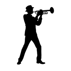 Man with trumpet silhouette, Trumpeter, Musician plays the trumpet jazz. Silhouette trumpeter on white background - obrazy, fototapety, plakaty