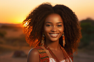 Generative AI picture portrait of amazing african american ethnicity woman wearing tribe costume over sunset background - Powered by Adobe