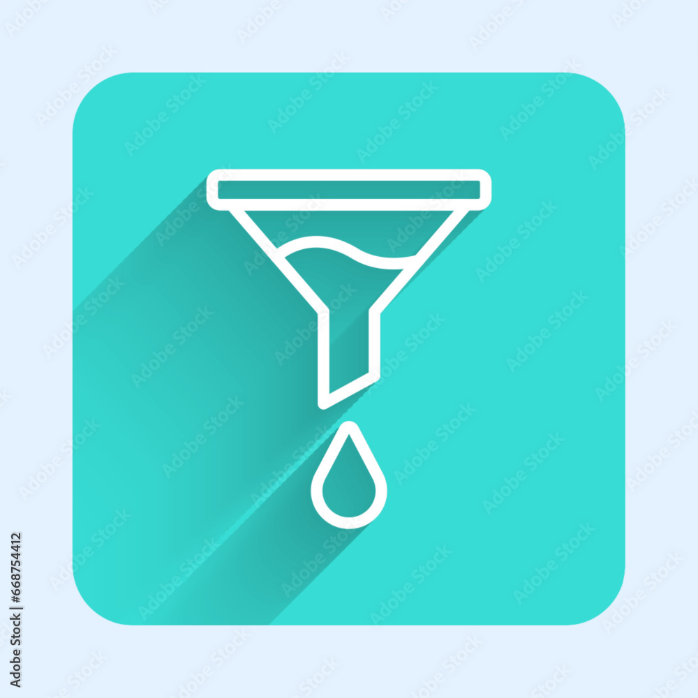 Poster white line funnel or filter icon isolated with long shadow background. green square button. vector