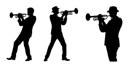 Man with trumpet silhouette, Trumpeter, Musician plays the trumpet jazz. Silhouette trumpeter on white background