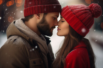 Couple portrait two lovers spending snowy day together winter xmas time Generative AI