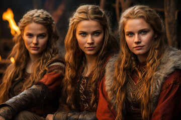 Portrait of three beautiful women in medieval clothes. Fantasy