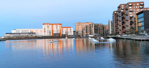 Apartment and office buildings by the harbor in the Danish city Aalborg