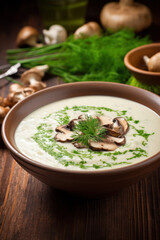 Closeup of mushroom cream soup puree with ingredients on a wood background, copy space
