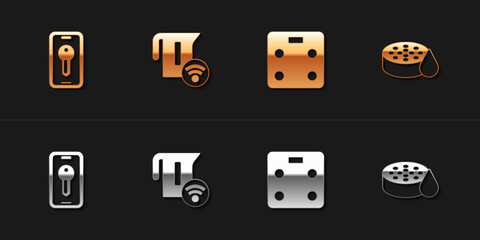 Set Smart key, electric kettle, bathroom scales and Water sensor icon. Vector