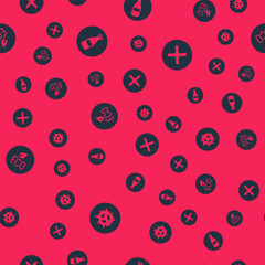 Set Bomb explosion, Bottle, Leaf Eco symbol and X Mark, Cross in circle on seamless pattern. Vector