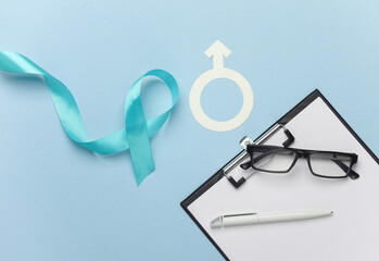 Blue ribbon symbolizing support of men and gender symbol, clipboard. Blue november prostate cancer...