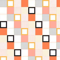 Geometrical pattern with black, white, orange yellow squares for wallpapers, greeting cards, fabrics, packaging, posters, marketing