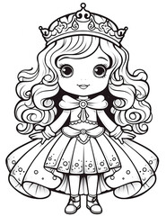 Fototapeta premium Outline art for a cute little beautiful princess suitable for coloring pages with a white background. 