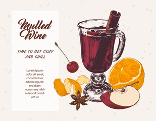 Traditional mulled wine glass with fruits. Peeled orange. Autumn mood illustration. Hot drinks menu with hand drawn spices - 668756032
