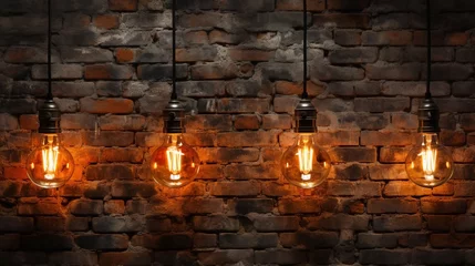 Foto op Plexiglas Illustration of four lamps and a brick wall. Wallpaper, background. © Oksana Tryndiak