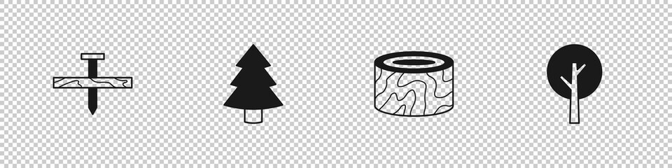 Set Metallic nail, Christmas tree, Tree stump and icon. Vector