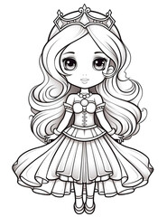 Outline art for a cute little beautiful princess suitable for coloring pages with a white background. 